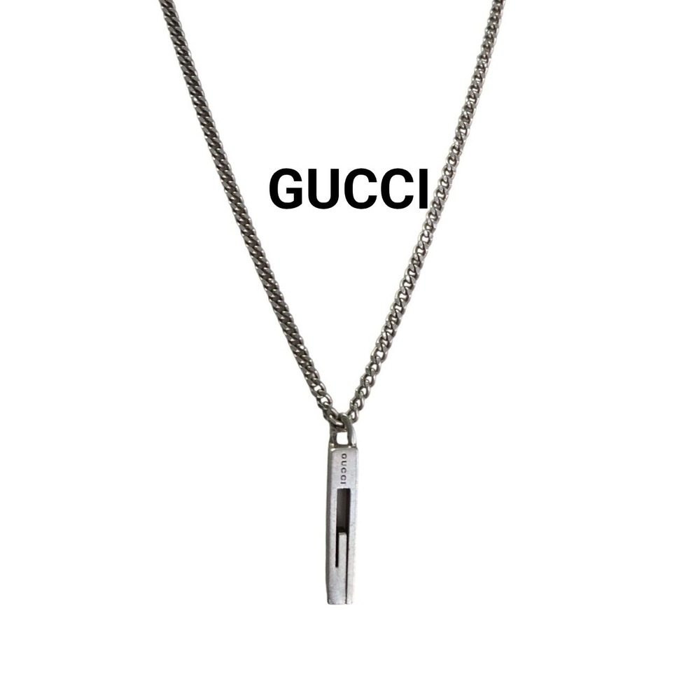 Gucci Sterling Silver G Logo Bar Pendant Curb Chain Necklace Made in Italy